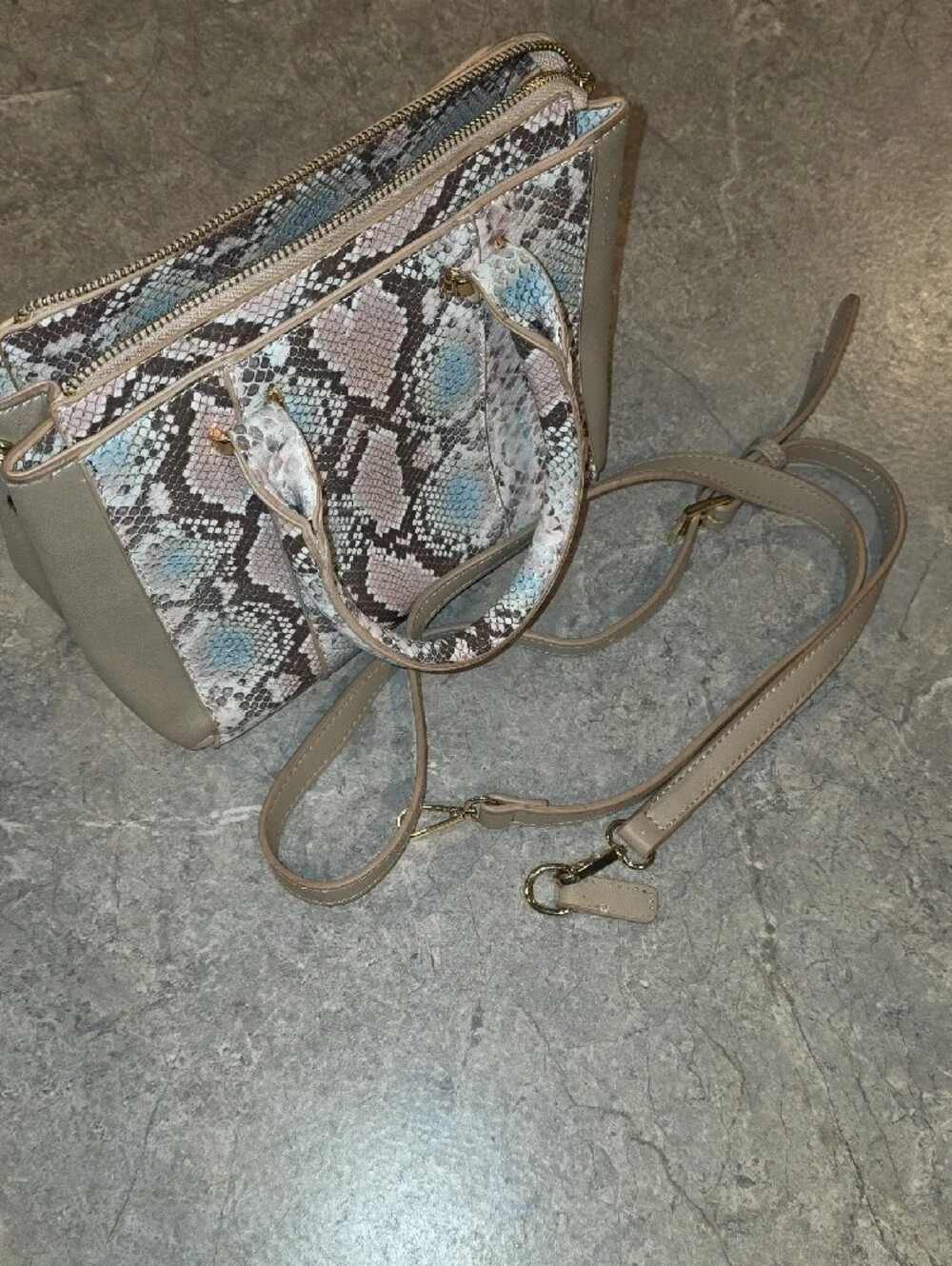 (J51) Kaari Blue Pink and Tan Snake-Print Crossbody Satchel